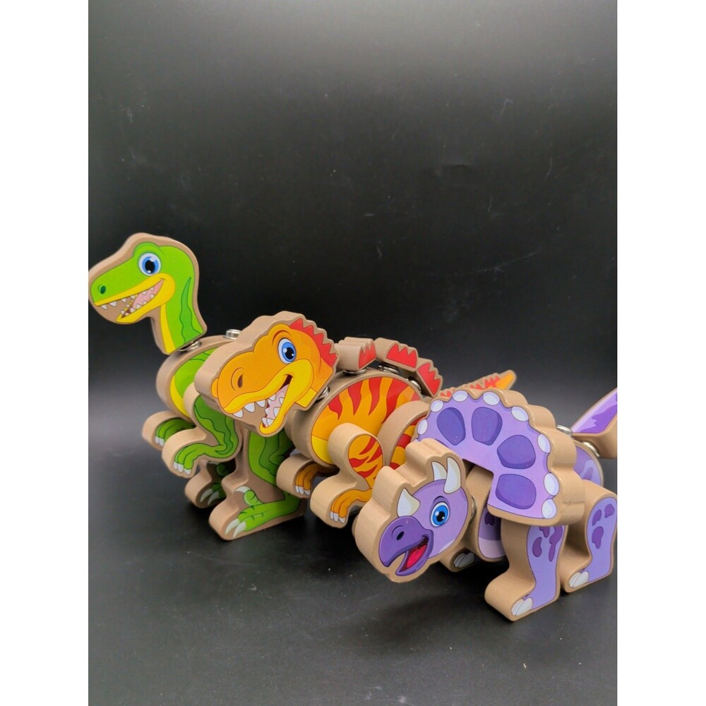 Wooden Dinosaur Snap Together Building Blocks Toys Montessori 3-Piece Lot